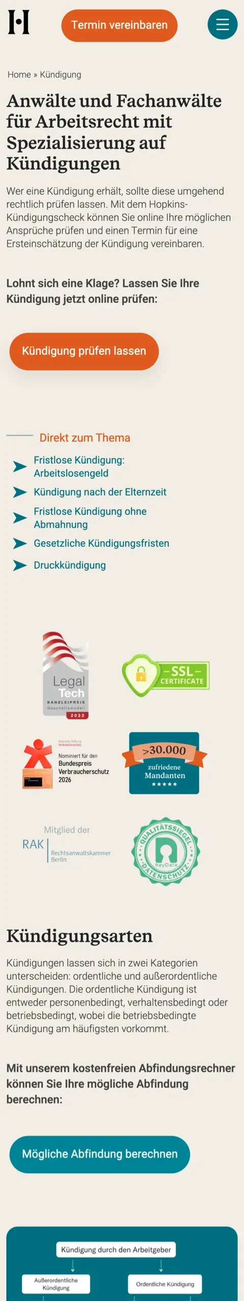 Themenseite Kündigung auf hopkins.law, Handyansicht, Stand 6. Oktober 2026
