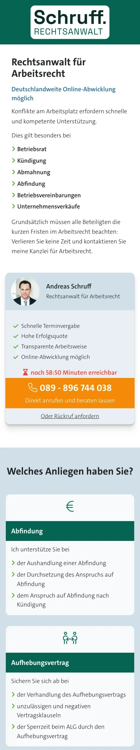 Landingpage anwalt-arbeitsrecht-ottobrunn.jureflex.de, Handyansicht, Stand 6. Oktober 2026